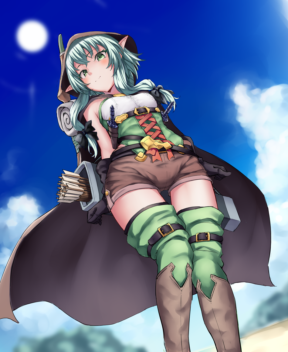 1girl arrow belt black_bow black_cape black_gloves blue_sky boots bow brown_footwear brown_hoodie brown_shorts cape clouds day elf from_below gloves goblin_slayer! green_eyes green_hair green_legwear hair_bow high_elf_archer_(goblin_slayer!) hood long_hair looking_at_viewer outdoors pointy_ears ryuinu shorts sky smile solo standing sun thigh-highs