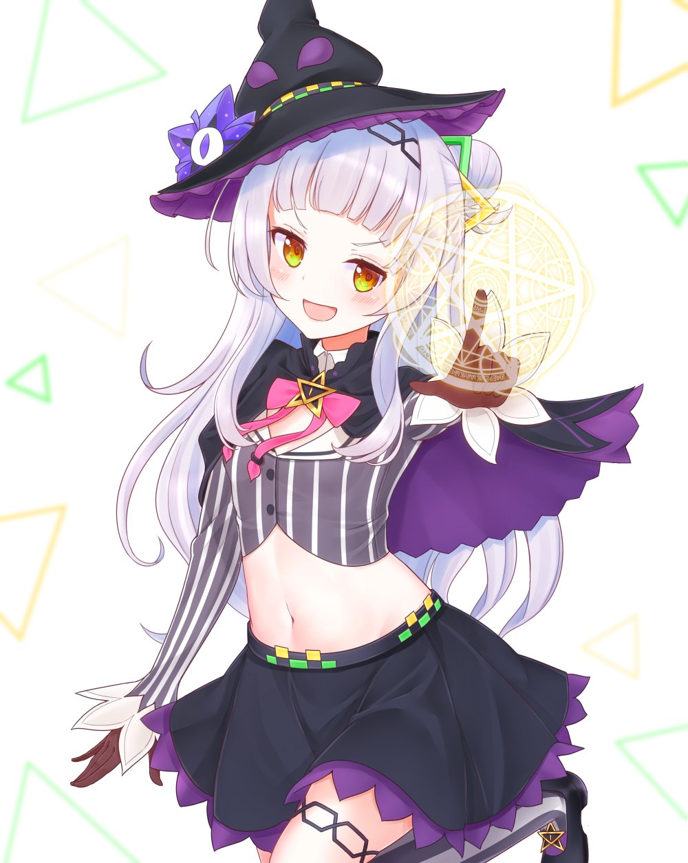 1girl breasts brown_gloves capelet crop_top gloves hair_bun hair_ornament hat highres hololive lavender_hair leg_up long_hair looking_at_viewer magic_circle midriff murasaki_shion navel open_mouth pointing pointing_at_viewer simple_background small_breasts solo witch_hat