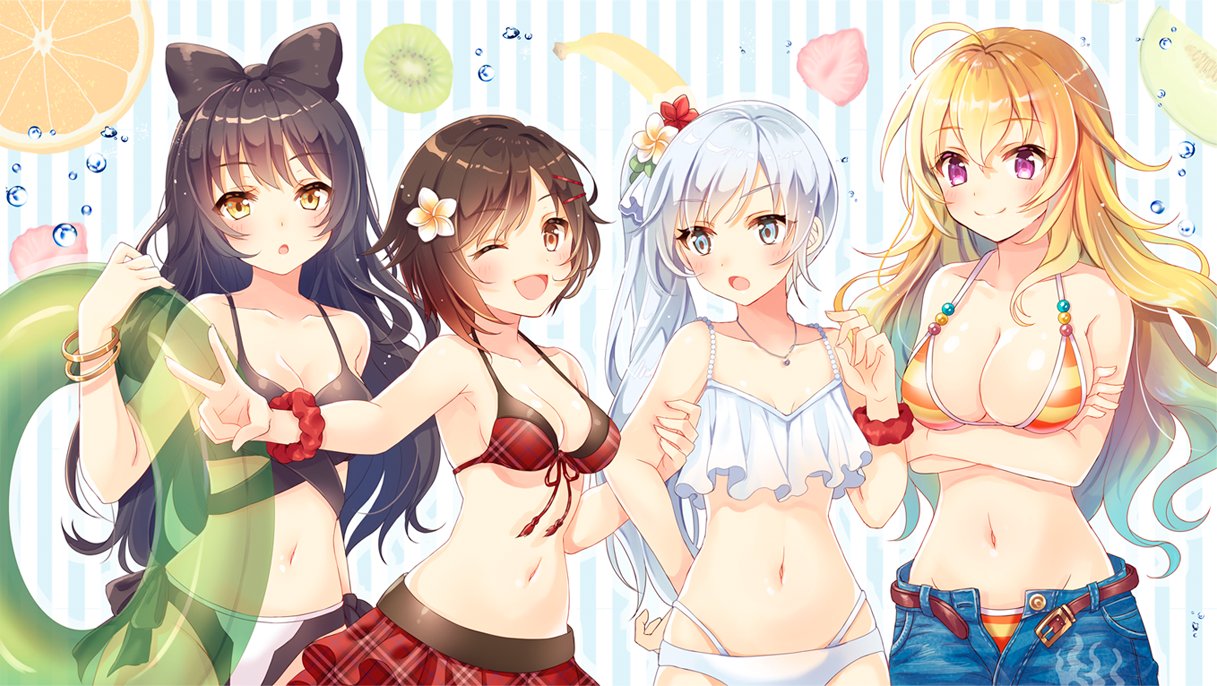 4girls :o ;d ahoge arm_grab bikini bikini_skirt black_bow blake_belladonna blonde_hair blue_eyes blue_hair blue_shorts blush bow bracelet breasts brown_eyes cleavage collarbone eyebrows_visible_through_hair floating_hair flower groin hair_between_eyes hair_bow hair_flower hair_ornament hairclip innertube jewelry large_breasts long_hair looking_at_viewer medium_breasts multiple_girls navel necklace one_eye_closed open_clothes open_mouth open_shorts red_bikini red_flower red_scrunchie red_skirt ruby_rose rwby scrunchie serino_itsuki shiny shiny_hair short_hair shorts side_ponytail sideboob silver_hair skirt small_breasts smile standing striped striped_background striped_bikini swimsuit transparent v very_long_hair violet_eyes weiss_schnee white_bikini white_flower wrist_scrunchie yang_xiao_long yellow_eyes