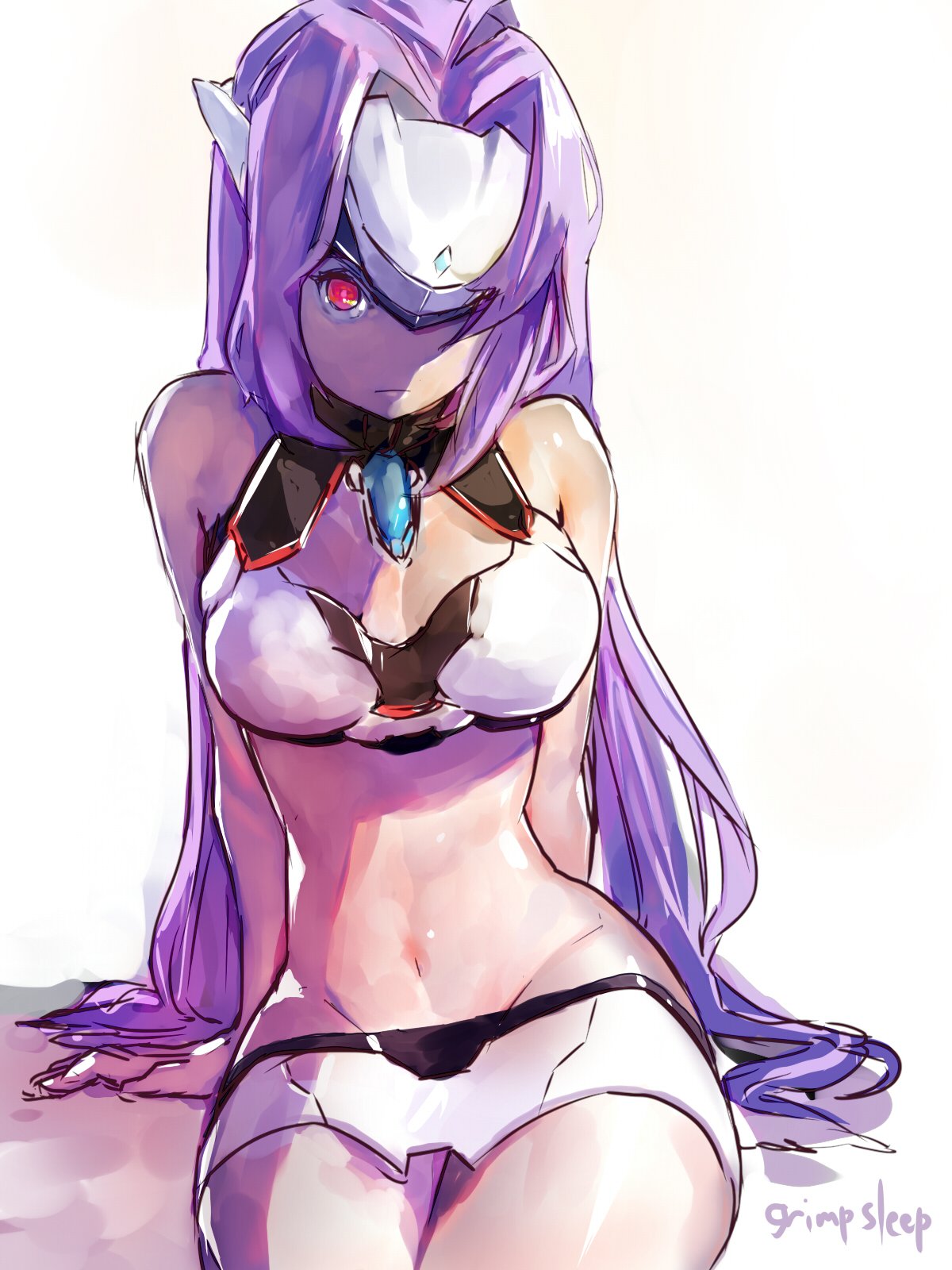1girl android bare_shoulders blue_hair breasts cyborg expressionless forehead_protector gloves highres kos-mos kos-mos_re: long_hair looking_at_viewer navel nintendo red_eyes shrimqsleeq simple_background solo swimsuit very_long_hair white_background xenoblade_(series) xenoblade_2 xenosaga