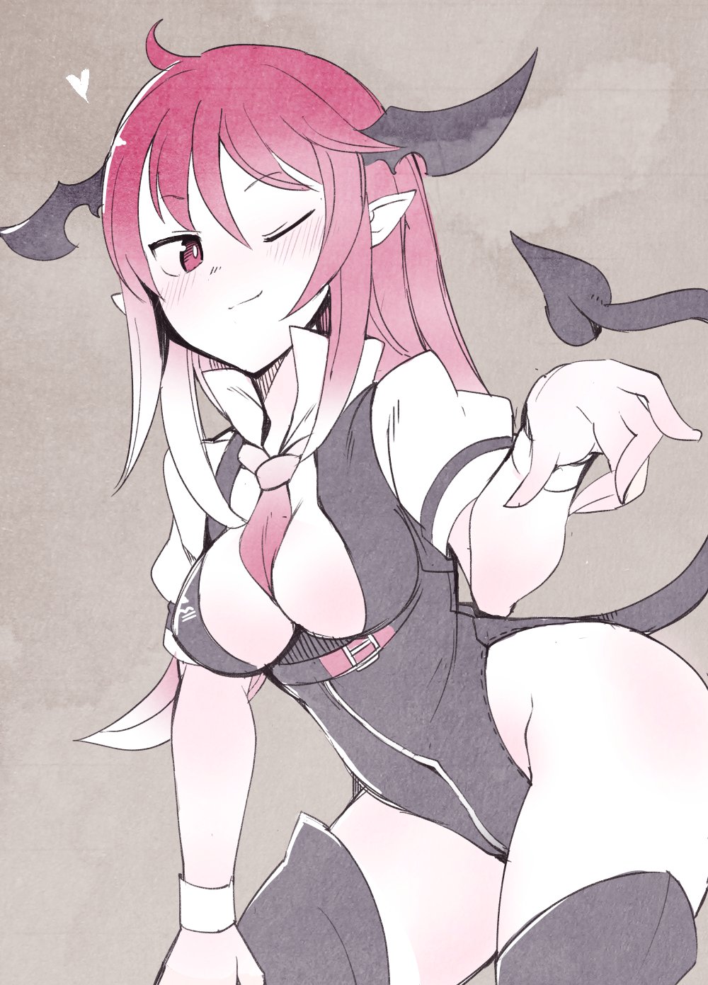 1girl ;) belt between_breasts black_footwear black_wings blush boots breasts cleavage commentary_request demon_tail fuukadia_(narcolepsy) grey_background hair_between_eyes head_wings heart highres koakuma long_hair medium_breasts necktie necktie_between_breasts one_eye_closed pointy_ears popped_collar puffy_short_sleeves puffy_sleeves racequeen red_eyes red_neckwear redhead short_sleeves smile solo tail thigh-highs thigh_boots touhou wings wrist_cuffs