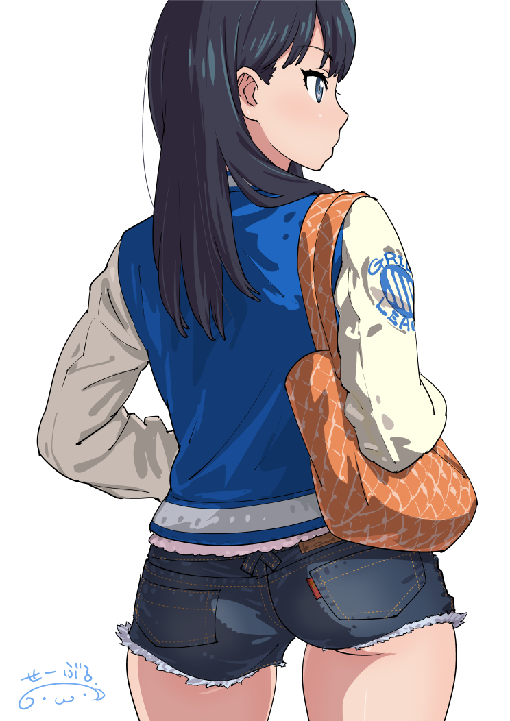 1girl ass back bag bangs black_hair blue_eyes blue_jacket blush casual commentary_request denim denim_shorts eyebrows_visible_through_hair from_behind gluteal_fold hands_in_pockets jacket letterman_jacket long_hair long_sleeves short_shorts shorts shoulder_bag signature simple_background solo ssss.gridman standing suna takarada_rikka white_background