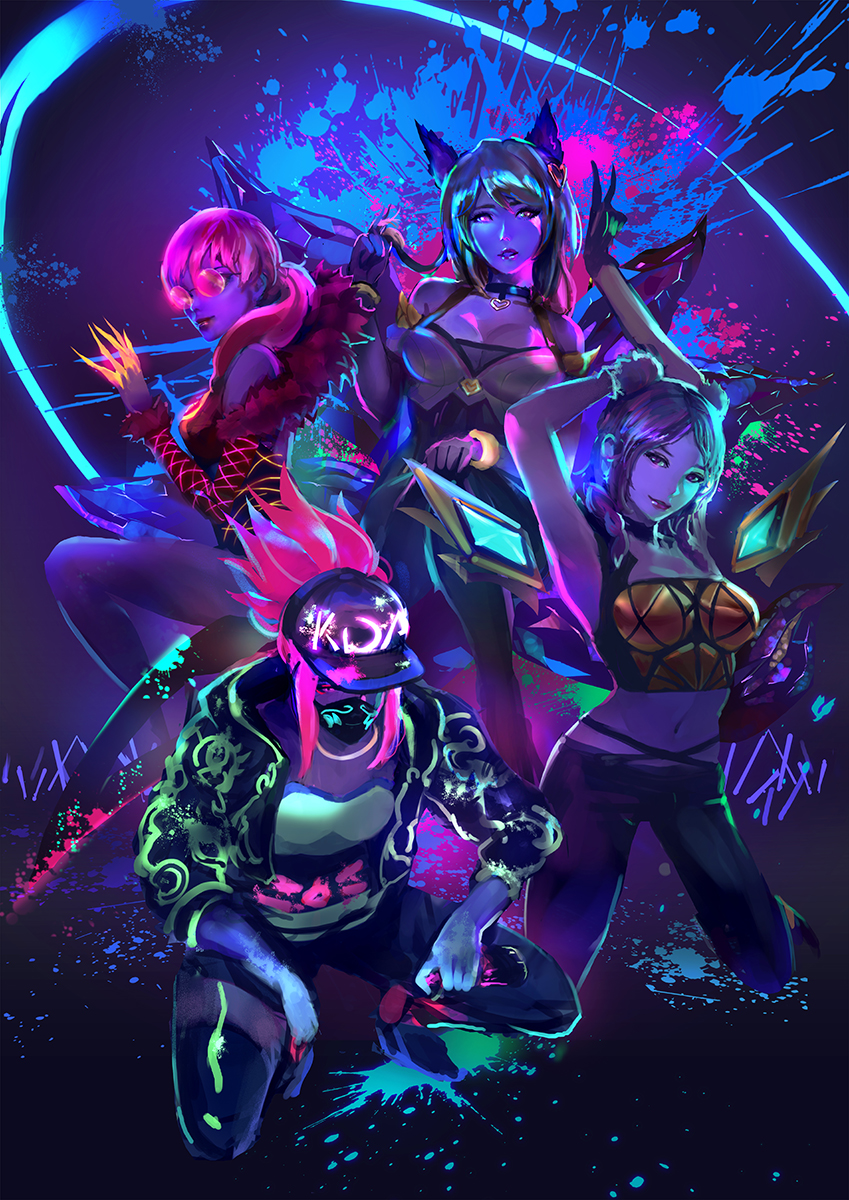 4girls alternate_costume alternate_hair_color animal_ears arm_up bandana_over_mouth baseball_cap black_gloves bracelet breasts cglas choker claws gloves glowstick hair_ornament hat heart heart_choker heart_hair_ornament highres jewelry k/da_(league_of_legends) k/da_ahri k/da_akali k/da_evelynn k/da_kai'sa league_of_legends lipstick looking_at_viewer makeup medium_breasts midriff multiple_girls nail_polish navel neon orange_nails pink_hair short_hair small_breasts smile splatter squatting sunglasses v wristband