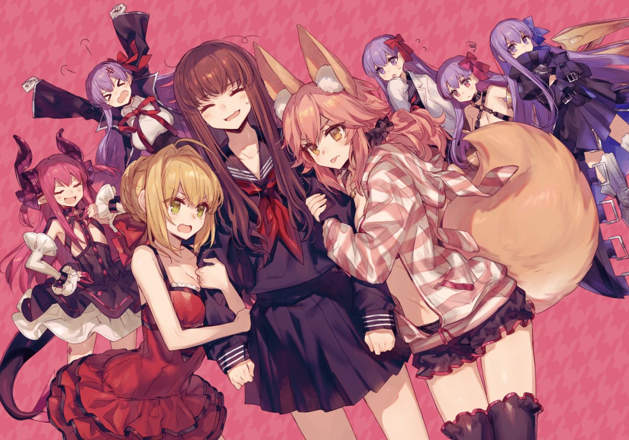 6+girls animal_ears bb_(fate)_(all) bb_(fate/extra_ccc) blonde_hair brown_hair chocoan closed_eyes dress elizabeth_bathory_(fate) elizabeth_bathory_(fate)_(all) fate/extra fate/extra_ccc fate_(series) fox_girl hood hoodie horns hug kishinami_hakuno_(female) long_hair meltlilith midriff multiple_girls navel nero_claudius_(fate) nero_claudius_(fate)_(all) passion_lip pink_hair purple_hair sailor_dress school_uniform shorts tail tamamo_(fate)_(all) tamamo_no_mae_(fate) thigh-highs