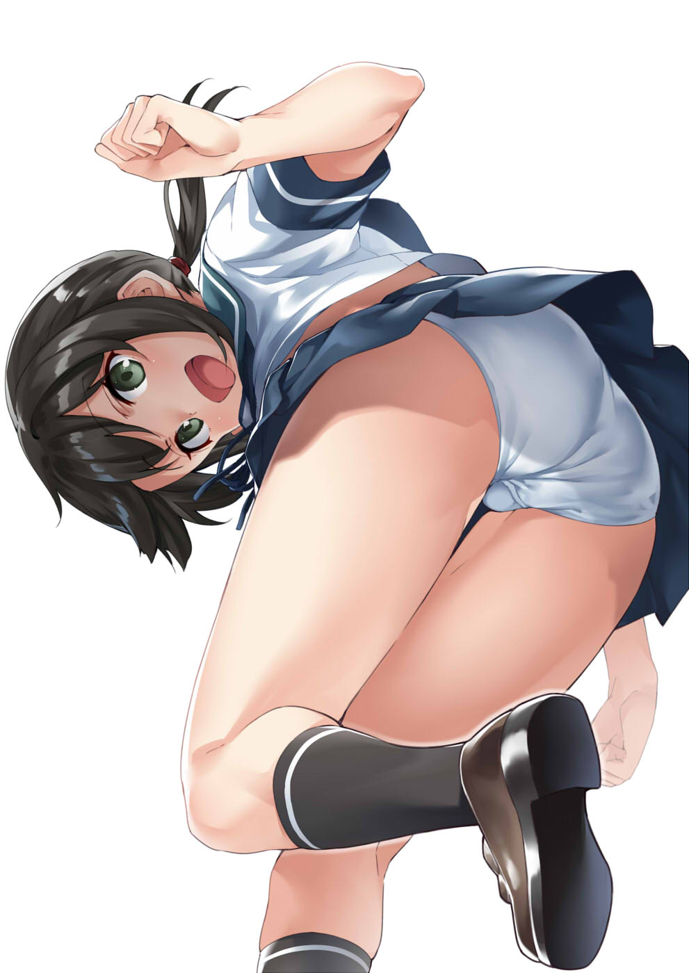 1girl ass bending_forward black_hair blue_skirt clenched_hand commentary_request ebifurya from_behind fubuki_(kantai_collection) green_eyes highres kantai_collection looking_at_viewer low_ponytail miniskirt open_mouth panties pantyshot pantyshot_(standing) pleated_skirt ponytail sailor_collar school_uniform serafuku short_ponytail short_sleeves sidelocks simple_background skirt standing standing_on_one_leg thighs underwear white_background white_panties