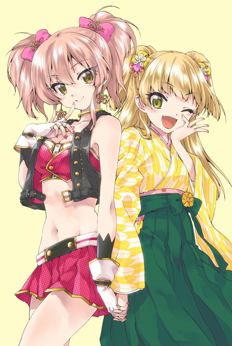 2girls ;d back-to-back bangs black_jacket bow breasts choker cleavage commentary_request crop_top earrings eyebrows_visible_through_hair fingerless_gloves flower flower_earrings gloves green_hakama hair_bow hair_flower hair_ornament hakama hakama_skirt hand_holding hand_on_own_face highres idolmaster idolmaster_cinderella_girls jacket japanese_clothes jewelry jougasaki_mika jougasaki_rika kuroi_mimei long_hair long_sleeves medium_breasts miniskirt multiple_girls nail_polish navel one_eye_closed open_clothes open_jacket open_mouth pink-framed_eyewear pink_hair pink_nails pleated_skirt red_shirt red_skirt shirt short_hair short_twintails siblings simple_background sisters skirt sleeveless_jacket smile standing twintails two_side_up white_gloves wide_sleeves yellow_background yellow_choker yellow_eyes yellow_shirt