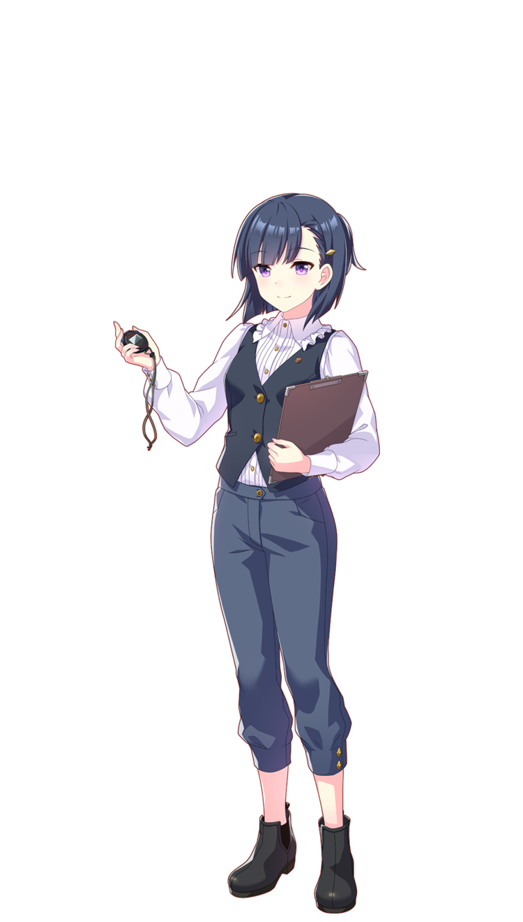 1girl black_footwear black_hair black_vest boots full_body grey_pants hair_ornament hairclip highres holding holding_notepad holding_stopwatch kiryuuin_aoi long_sleeves looking_at_viewer notepad official_art pants shirt short_hair solo transparent_background umamusume vest violet_eyes white_shirt