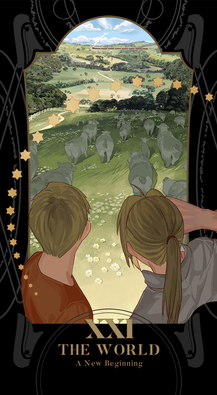 2boys alphonse_elric animal blonde_hair blue_sky brothers card_(medium) clouds cloudy_sky condensation_trail day edward_elric english facing_away field flower forest fullmetal_alchemist grass ground_vehicle hand_to_forehead highres holy_pumpkin horizon landscape long_hair male_focus mountain multiple_boys nature orange_shirt outdoors outside_border ponytail road roman_numerals scenery sheep shirt short_hair siblings sky standing star tarot text_focus train tree upper_body white_flower white_shirt