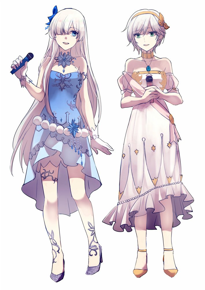 2girls anastasia_(fate/grand_order) anastasia_(idolmaster) blue_eyes cosplay costume_switch dress fate/grand_order fate_(series) gloves hair_over_one_eye hairband idolmaster idolmaster_cinderella_girls long_hair microphone multiple_girls namesake short_hair silver_hair tsengyun white_gloves