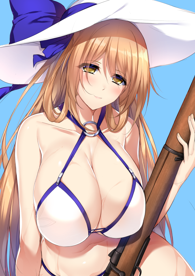 1girl bangs bikini blue_background blue_ribbon blue_sky bow breasts brown_hair cleavage commentary_request curvy eyebrows_visible_through_hair firearm girls_frontline gun hair_between_eyes hat hat_bow hat_ribbon holding huge_breasts long_hair looking_at_viewer m1903_springfield m1903_springfield_(girls_frontline) minamon_(vittel221) o-ring o-ring_bikini o-ring_bottom o-ring_top outdoors ribbon rifle sidelocks sky smile solo sun_hat swimsuit weapon white_bikini wide_hips yellow_eyes