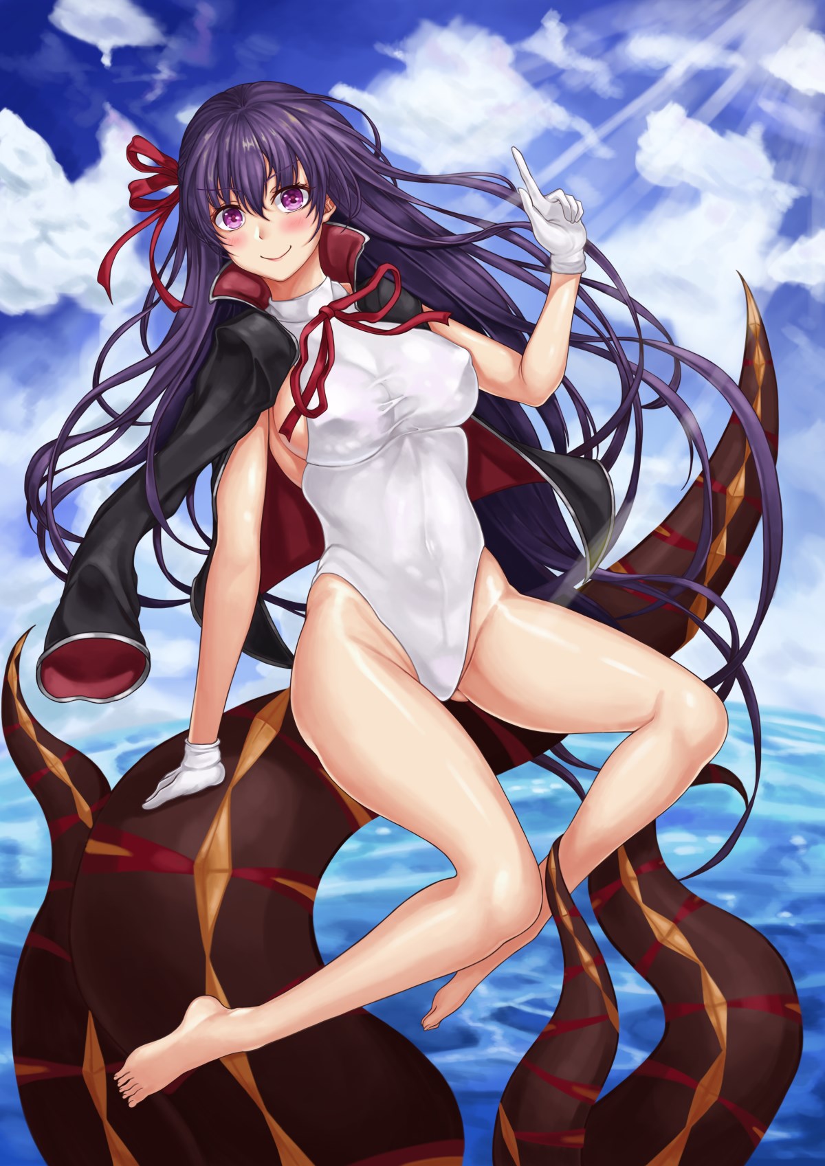 1girl barefoot bb_(fate)_(all) bb_(swimsuit_mooncancer)_(fate) blue_sky clothes_on_shoulders clouds day fate/grand_order fate_(series) gloves highleg highleg_leotard highres leotard looking_at_viewer outdoors purple_hair red_ribbon ribbon sky smile solo sum_ku tentacle violet_eyes white_gloves white_leotard