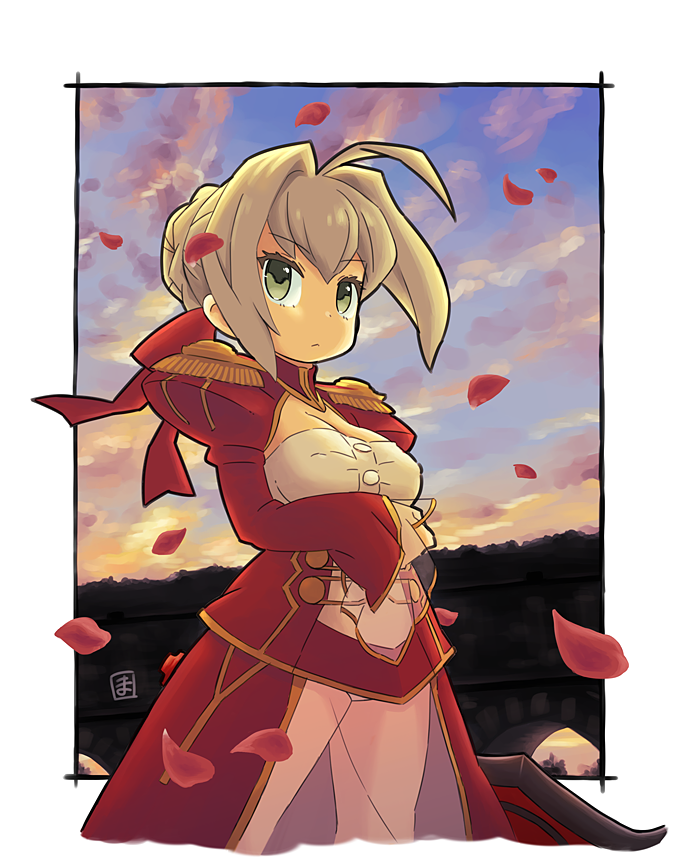 1girl bangs blonde_hair breasts cleavage closed_mouth clouds covered_nipples dress epaulettes eyebrows_visible_through_hair fate/extra fate_(series) green_eyes hair_intakes juliet_sleeves long_sleeves mawaru_(mawaru) medium_breasts nero_claudius_(fate) nero_claudius_(fate)_(all) petals puffy_sleeves see-through sky solo