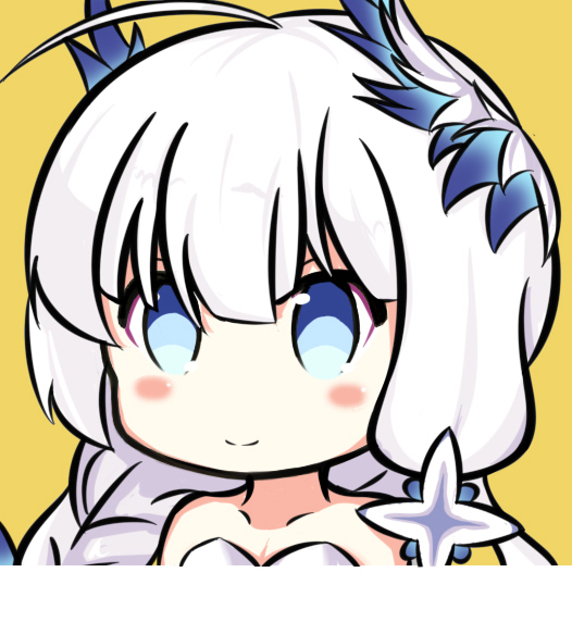 1girl ahoge azur_lane bangs bare_shoulders blue_eyes blush braid closed_mouth collarbone commentary_request eyebrows_behind_hair hair_between_eyes hair_ornament headgear illustrious_(azur_lane) long_hair nagato-chan portrait silver_hair simple_background smile solo yellow_background