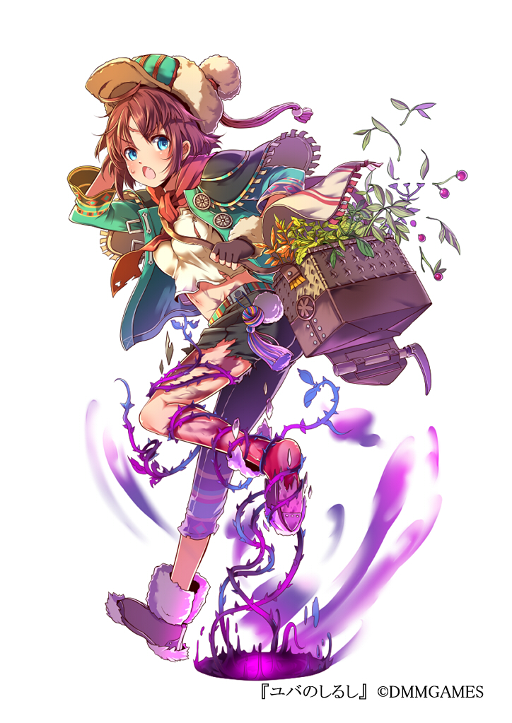 1girl :o basket black_gloves black_pants blue_eyes brown_hair company_name dissolving dmm fingerless_gloves full_body gloves hand_up hat mataichi_mataro midriff navel official_art pants plant shorts simple_background solo thorns torn_clothes torn_pants white_background yuba_no_shirushi