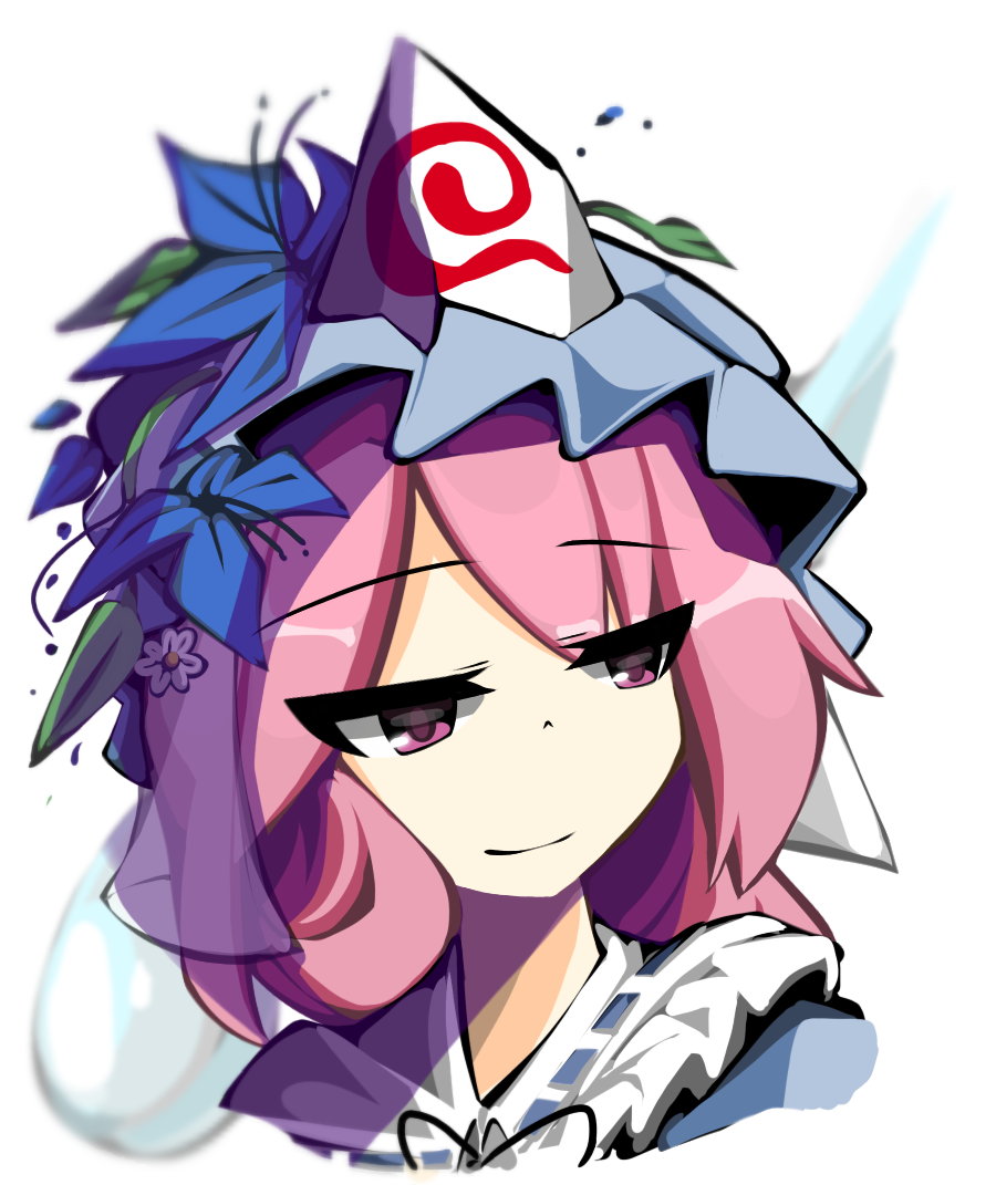 1girl flower frilled_shirt_collar frills hat kaliningradg leaf pink_hair plant ribbon ribbon-trimmed_collar ribbon_trim saigyouji_yuyuko short_hair smile smirk solo touhou triangular_headpiece vines