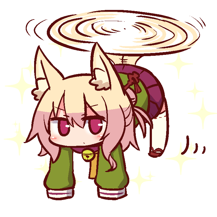 1girl animal_ear_fluff animal_ears bangs bell bell_collar blonde_hair blush brown_collar brown_footwear closed_mouth collar eyebrows_visible_through_hair fox_ears fox_girl fox_tail full_body green_shirt hair_between_eyes hair_bun hair_ornament helicopter_tail jingle_bell kemomimi-chan_(naga_u) long_sleeves looking_at_viewer naga_u orange_neckwear original pleated_skirt purple_skirt red_eyes ribbon-trimmed_legwear ribbon_trim shirt sidelocks simple_background skirt sleeves_past_fingers sleeves_past_wrists solo sparkle tail thigh-highs white_background white_legwear