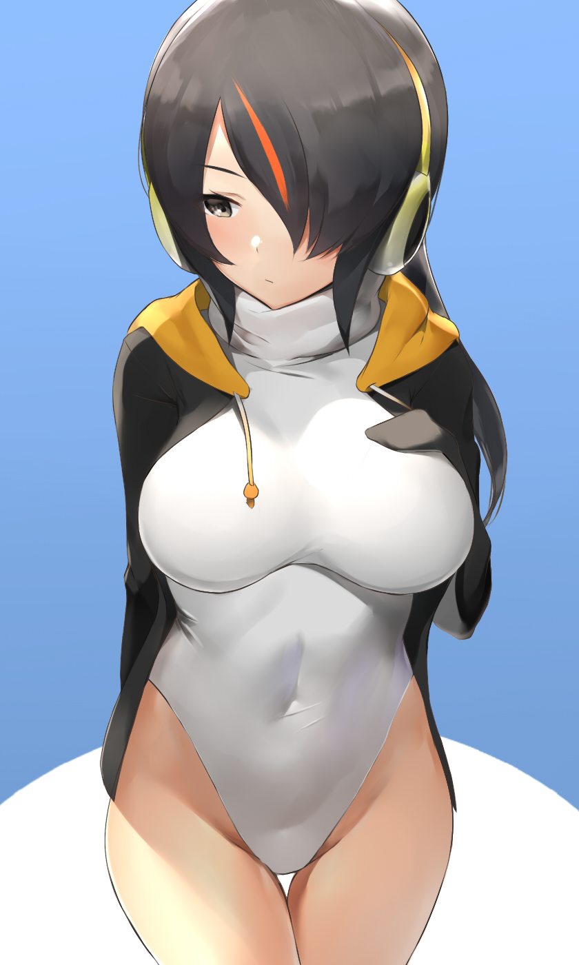 1girl bangs black_jacket blue_background blush breasts brown_eyes closed_mouth covered_navel drawstring emperor_penguin_(kemono_friends) hair_over_one_eye hand_on_own_chest headphones highleg highleg_leotard highres hips hood hoodie jacket kemono_friends large_breasts leotard long_hair long_sleeves looking_to_the_side multicolored_hair nnoelllll open_clothes open_hoodie solo streaked_hair turtleneck white_leotard