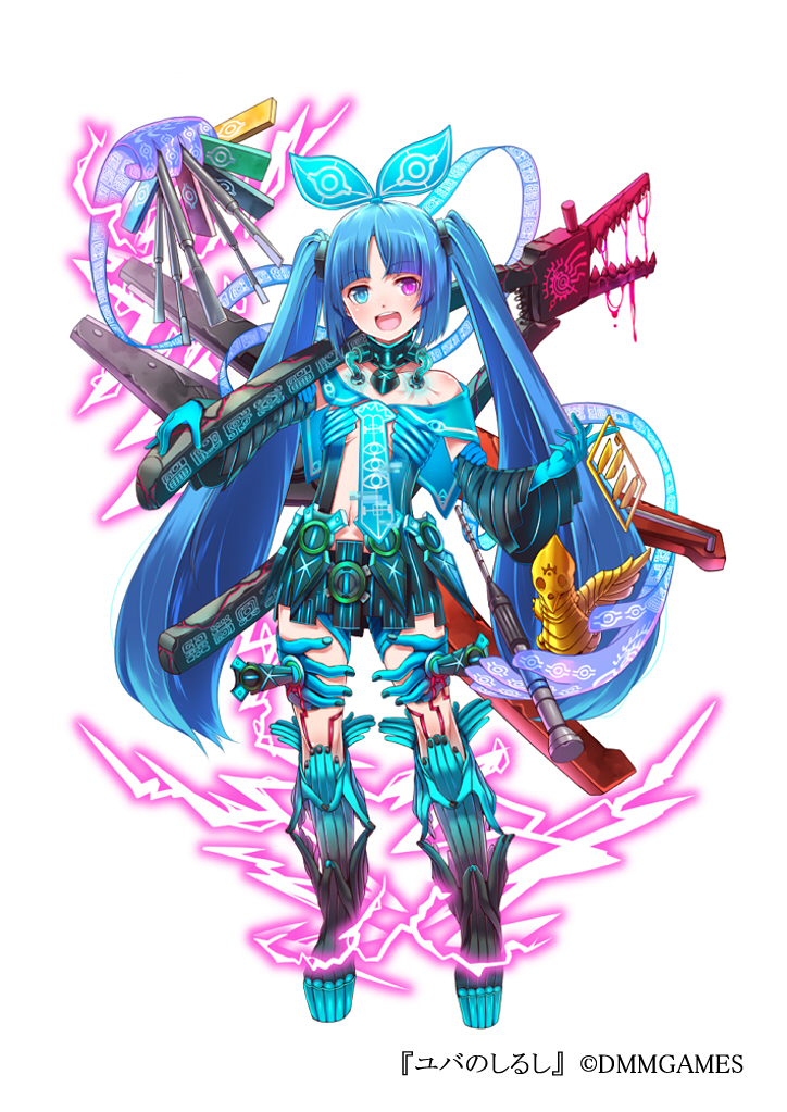 1girl :d blue_bow blue_eyes blue_gloves blue_hair boots bow breasts dmm drill_bit full_body gloves hair_bow heterochromia holding holding_weapon long_hair mataichi_mataro official_art open_mouth oversized_object plier small_breasts smile solo standing twintails weapon white_background yuba_no_shirushi