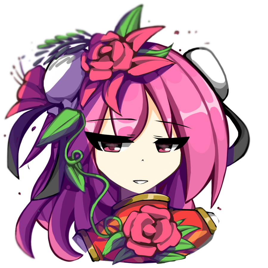 1girl black_ribbon chinese_clothes double_bun flower gold_trim grin ibaraki_kasen kaliningradg leaf looking_at_viewer medium_hair pink_eyes pink_hair plant ribbon rose smile smug solo tabard touhou vines