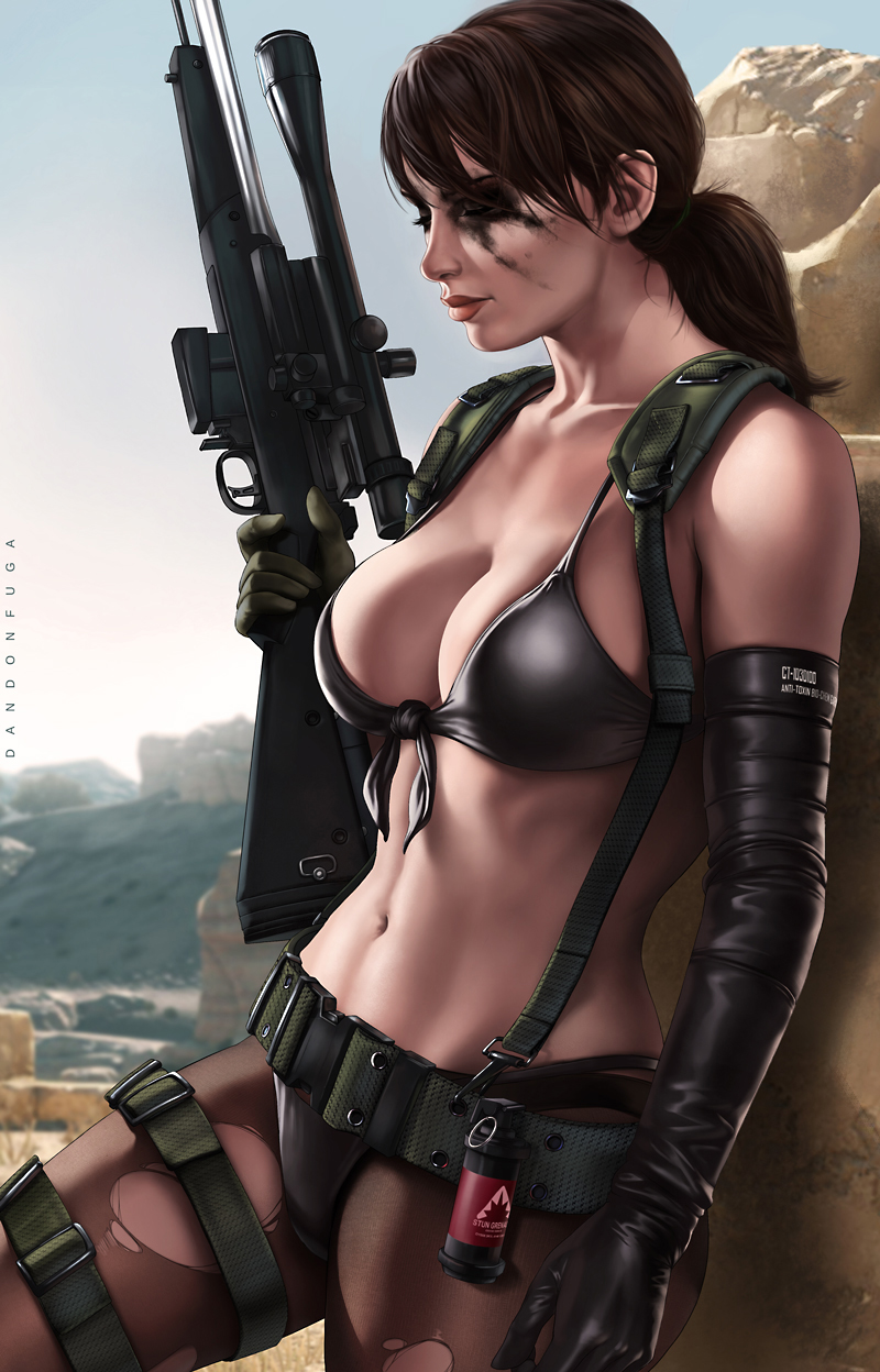 1girl artist_name bikini black_bikini breasts brown_hair cleavage closed_eyes closed_mouth dandon_fuga day facepaint front-tie_bikini front-tie_top gun highres holding holding_gun holding_weapon large_breasts leaning_back lips metal_gear_(series) metal_gear_solid_v navel outdoors pantyhose ponytail quiet_(metal_gear) rifle sniper_rifle solo suspenders swimsuit torn_clothes torn_legwear weapon