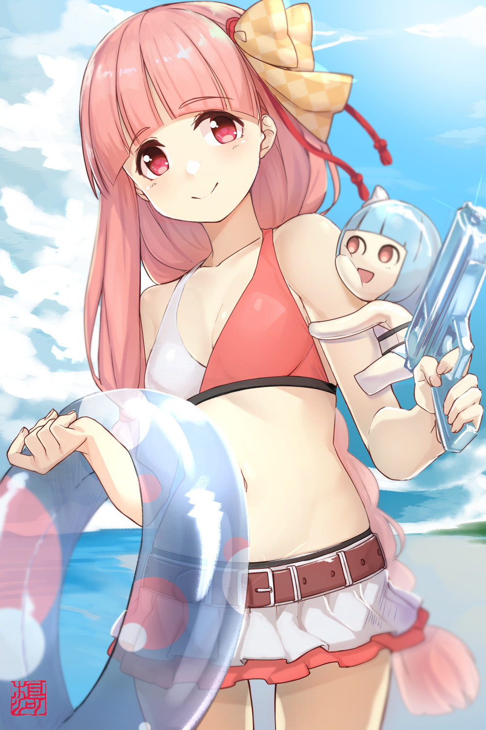 1girl bangs belt bikini bikini_skirt blunt_bangs breasts character_doll character_request cleavage collarbone eyebrows_visible_through_hair goemon1110 gun highres holding holding_gun holding_weapon innertube long_hair looking_at_viewer miniskirt navel pink_hair pleated_skirt red_eyes skirt small_breasts smile solo standing swimsuit water_gun weapon white_skirt