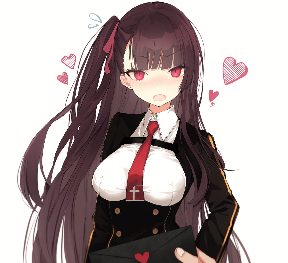 1girl bangs blazer blush breasts collared_shirt embarrassed eyebrows_visible_through_hair flying_sweatdrops framed_breasts girls_frontline hair_ribbon half_updo heart high-waist_skirt high_collar holding_letter jacket large_breasts letter long_hair looking_at_viewer love_letter naruwe necktie one_side_up open_mouth pov purple_hair red_eyes red_neckwear red_ribbon ribbon shirt simple_background skirt tsundere tsurime very_long_hair wa2000_(girls_frontline) white_background