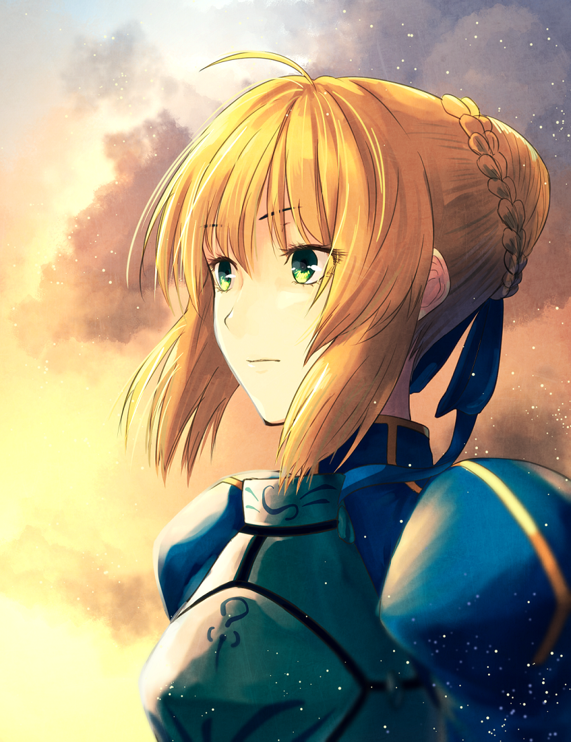 1girl ahoge artoria_pendragon_(all) blonde_hair braided_bun breastplate clouds cloudy_sky fate/stay_night fate_(series) from_side green_eyes lip-mil saber short_hair sidelocks sky solo tied_hair upper_body