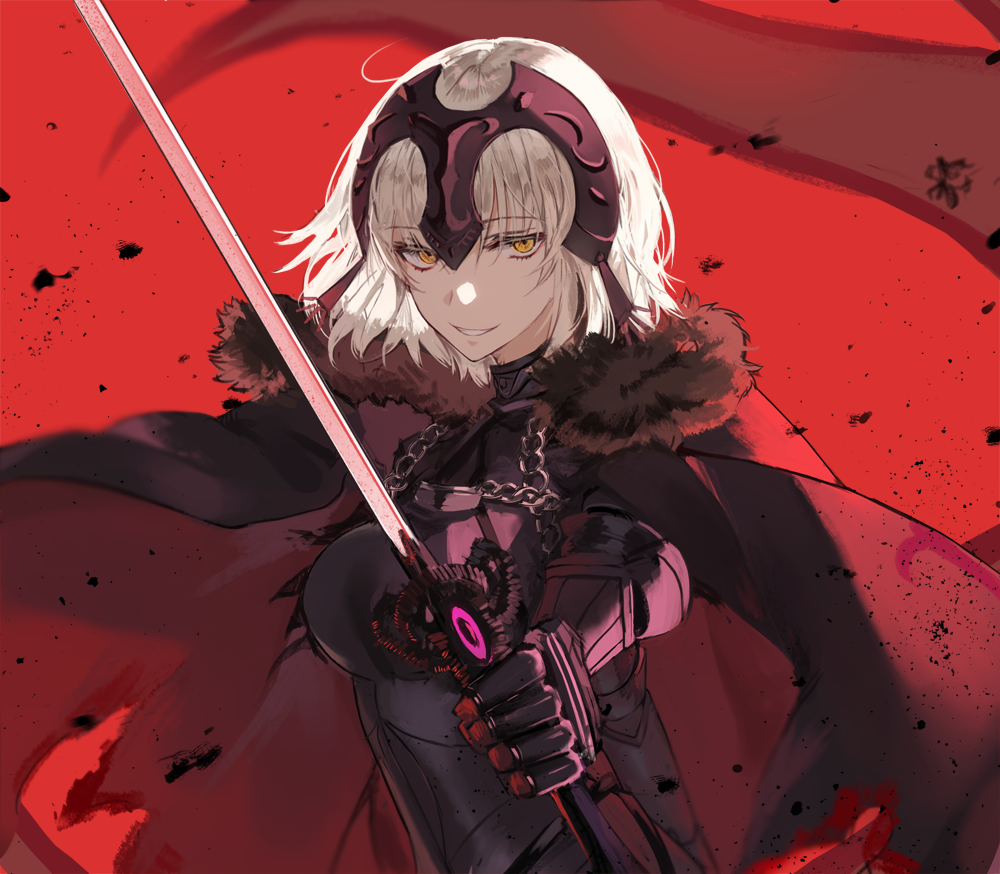 1girl armor armored_dress black_cape black_dress cape dress eyebrows_visible_through_hair fate/grand_order fate_(series) grin hair_between_eyes headpiece holding holding_sword holding_weapon jeanne_d'arc_(alter)_(fate) jeanne_d'arc_(fate)_(all) kim_eb looking_at_viewer red_background short_hair silver_hair smile solo sword upper_body weapon yellow_eyes