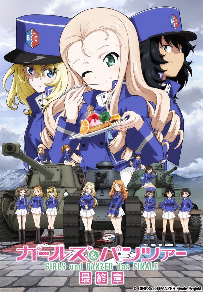 6+girls andou_(girls_und_panzer) arl-44 arm_grab arm_support arms_behind_back bangs bc_freedom_(emblem) bc_freedom_military_uniform black_eyes black_footwear black_hair black_hairband blonde_hair blue_eyes blue_hat blue_jacket blue_vest boots braid breasts brick brick_road brown_eyes cake caterpillar_tracks closed_mouth clouds commentary_request copyright_name crossed_arms dark_skin desert dress_shirt drill_hair eating emblem extra eyebrows_visible_through_hair food fork fruit ft-17 girls_und_panzer girls_und_panzer_saishuushou glasses green_eyes ground_vehicle hairband hand_on_hip hands_on_hips hat hat_removed headwear_removed high_collar holding holding_fork holding_plate jacket key_visual knee_boots leaning_forward long_hair long_sleeves looking_at_viewer marie_(girls_und_panzer) medium_hair messy_hair military military_hat military_uniform military_vehicle miniskirt motor_vehicle multiple_girls official_art one_eye_closed open_mouth orange orange_hair orange_slice oshida_(girls_und_panzer) plate pleated_skirt poster s35 shako_cap shirt short_hair sitting skirt smile standing tank twin_drills twintails uniform v_arms vest white_shirt white_skirt