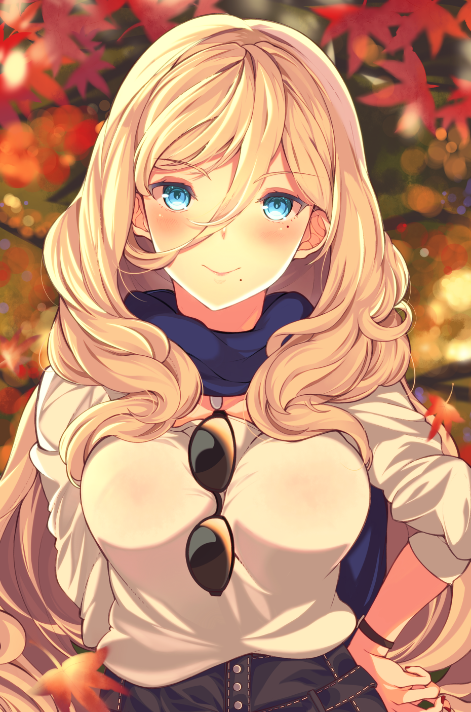 1girl alternate_costume autumn_leaves bangs blonde_hair blouse blue_eyes blue_scarf blush breasts eyebrows_visible_through_hair eyewear_removed hair_between_eyes hand_on_hip highres kantai_collection large_breasts leaf long_hair looking_at_viewer maple_leaf mizuyoukan_(mikususannda) mole mole_under_eye mole_under_mouth nail_polish outdoors pants red_nails richelieu_(kantai_collection) scarf sidelocks smile solo sunglasses sunset upper_body watch wavy_hair