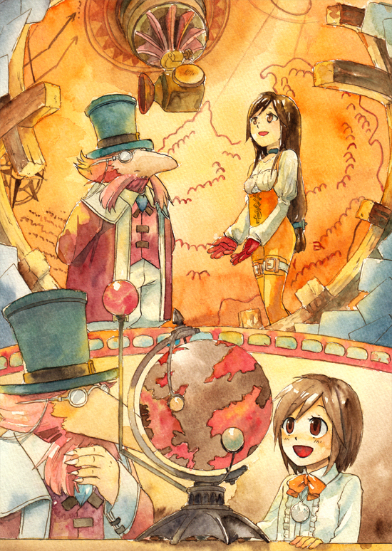 1boy 1girl black_hair bodice bodysuit breasts brown_eyes choker cleavage commentary_request deboo dr_tot final_fantasy final_fantasy_ix garnet_til_alexandros_xvii globe gloves latex long_hair low-tied_long_hair orange_bodysuit smile traditional_media watercolor_(medium) younger