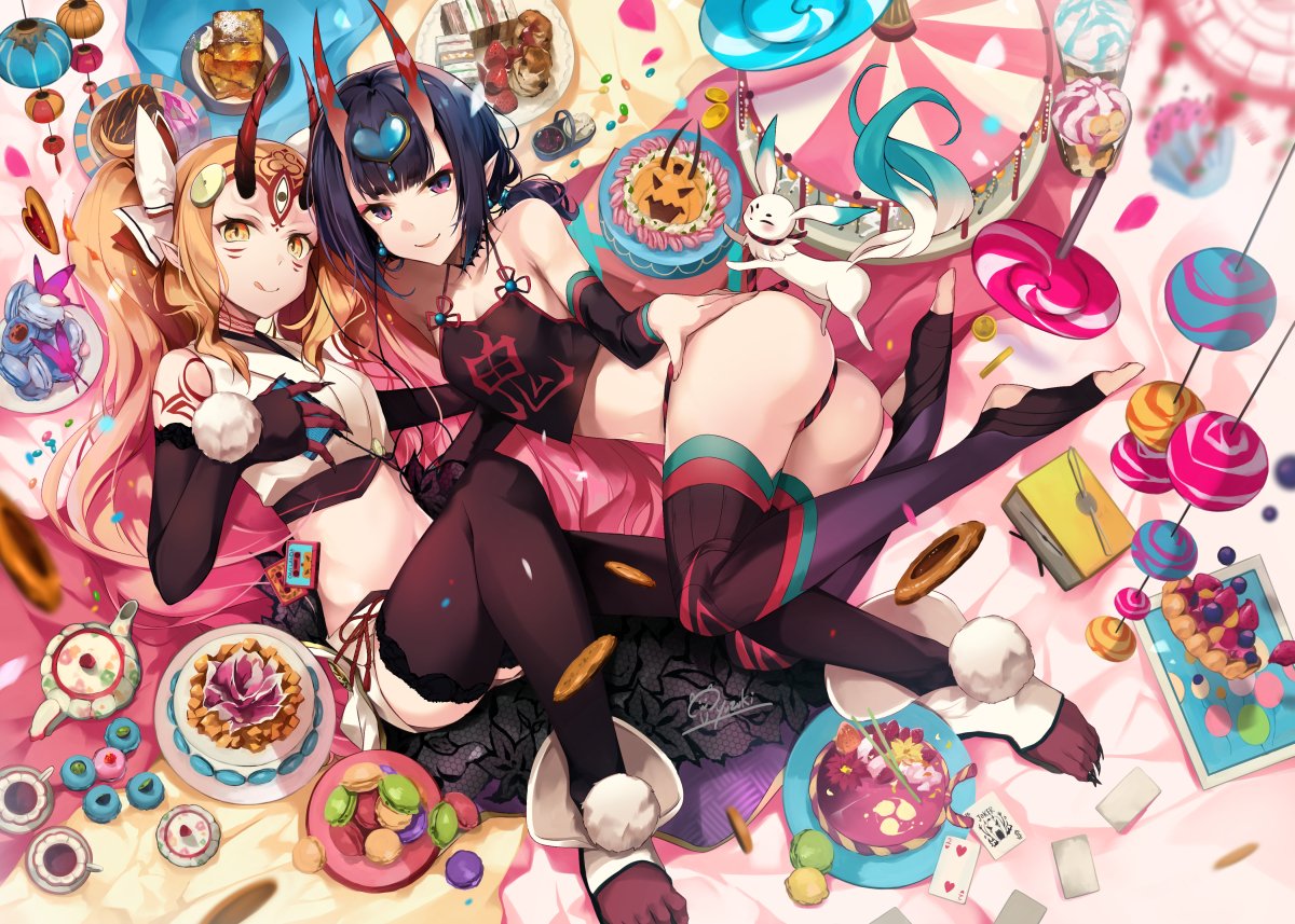 2girls :q animal ass bangs bare_shoulders blonde_hair blush body_markings breasts cake candy crop_top cup detached_sleeves earrings elbow_gloves eyebrows_visible_through_hair facial_mark fate/grand_order fate_(series) food gloves hirai_yuzuki horns ibaraki_douji_(fate/grand_order) jewelry knee_up lollipop long_hair looking_at_viewer lying makeup multiple_girls navel on_back oni oni_horns open_mouth panties parted_lips pointy_ears purple_hair saucer short_hair shorts shuten_douji_(fate/grand_order) sidelocks signature singlet small_breasts smile tattoo toeless_legwear tongue tongue_out underwear violet_eyes yellow_eyes