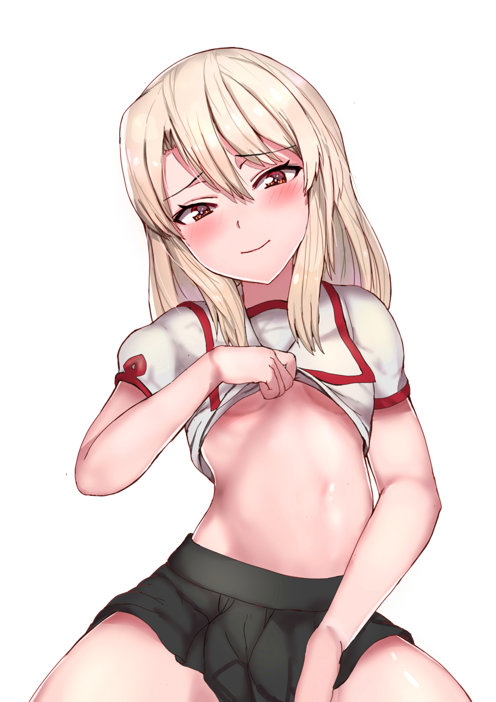 1girl black_skirt blonde_hair blush breasts cowboy_shot fate/grand_order fate_(series) hair_between_eyes head_tilt highres illyasviel_von_einzbern lifted_by_self long_hair looking_at_viewer midriff navel no_bra red_eyes shirt shirt_lift sikijou77o simple_background skirt small_breasts smile solo spread_legs under_boob white_background white_shirt