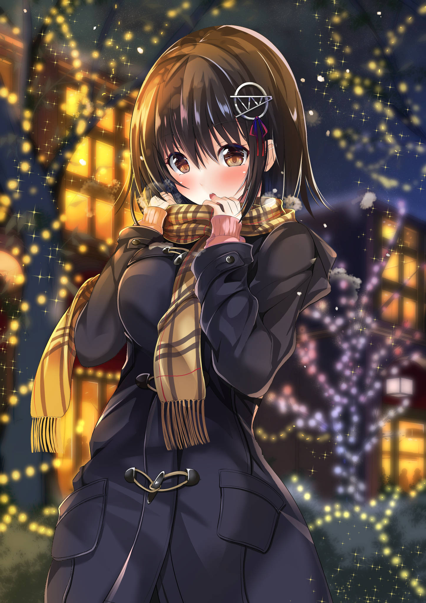 1girl alternate_costume bangs black_coat blurry blurry_background blush bokeh brown_eyes brown_scarf building commentary_request depth_of_field door duffel_coat eyebrows_visible_through_hair fringe_trim haguro_(kantai_collection) hair_between_eyes hair_ornament hands_up highres hood hood_down kantai_collection long_sleeves looking_down medium_hair open_mouth outdoors plaid plaid_scarf pocket red_ribbon ribbon round_teeth scarf silhouette sleeves_past_wrists solo_focus sparkle sumisuzu teeth tree window
