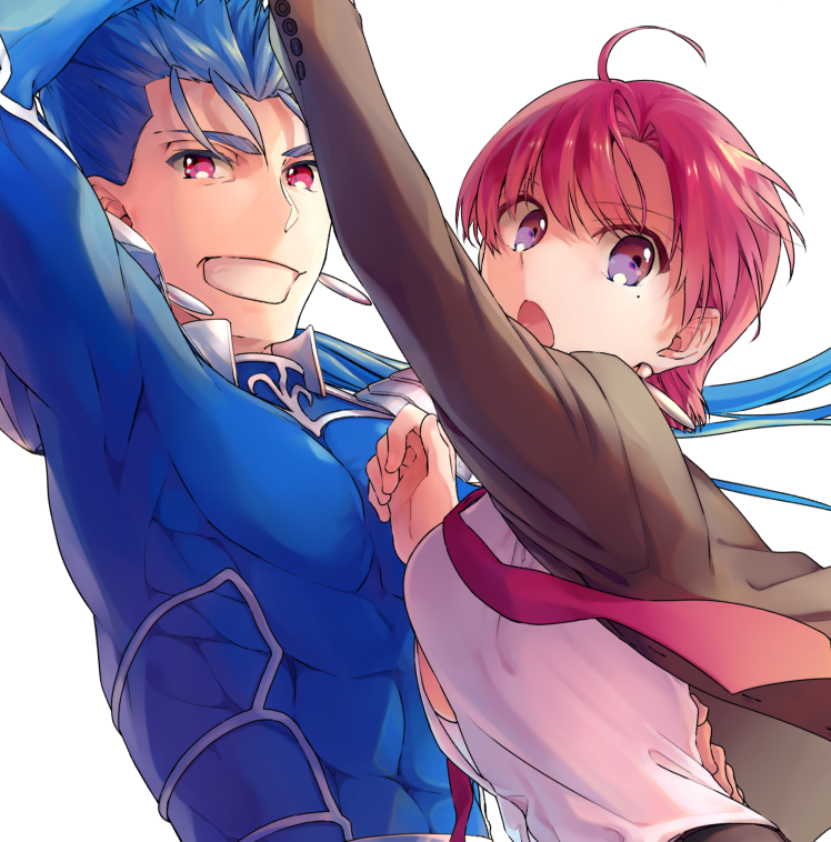 1boy 1girl ahoge arm_up bazett_fraga_mcremitz blue_bodysuit blue_hair bodysuit brown_jacket earrings fate/hollow_ataraxia fate_(series) grin hand_on_another's_back jacket jewelry lancer misoiri_(gokutsubushi) open_clothes open_jacket open_mouth red_eyes redhead shirt simple_background smile white_background white_shirt