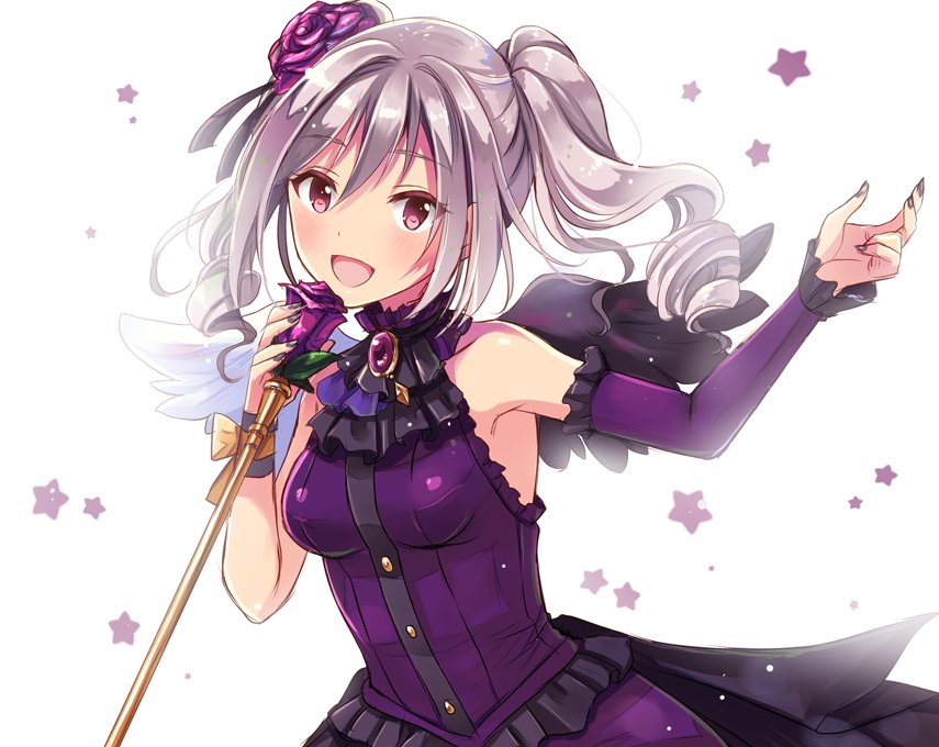 1girl :d asymmetrical_sleeves asymmetrical_wings black_nails black_wings brown_eyes detached_sleeves dress_shirt eyebrows_visible_through_hair flower hair_between_eyes hair_flower hair_ornament holding holding_microphone idolmaster idolmaster_cinderella_girls kanzaki_ranko long_hair long_sleeves microphone nail_polish open_mouth purple_flower purple_rose purple_shirt purple_skirt purple_sleeves rose serino_itsuki shiny shiny_hair shirt silver_hair single_sleeve skirt sleeveless sleeveless_shirt smile solo twitter_username upper_body white_background white_wings wings wrist_cuffs