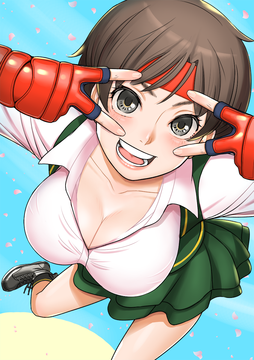 1girl arms_up bangs breasts brown_eyes brown_hair cleavage collarbone commentary_request double_v dress eyebrows_visible_through_hair fingerless_gloves gloves green_dress headband highres kasugano_sakura layered_dress long_sleeves looking_at_viewer open_mouth red_gloves red_headband shigenobu shirt short_dress short_hair smile solo standing street_fighter street_fighter_v teeth v white_shirt wing_collar