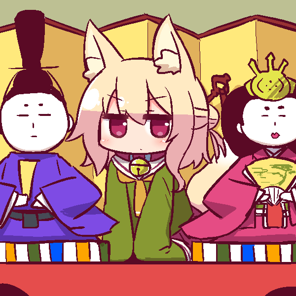 1girl animal_ear_fluff animal_ears bangs bell bell_collar blonde_hair blush brown_collar closed_mouth collar doll eyebrows_visible_through_hair fox_ears fox_girl fox_tail green_background green_shirt hair_between_eyes hair_bun hair_ornament hina_ningyou hinamatsuri jingle_bell kemomimi-chan_(naga_u) long_hair long_sleeves looking_at_viewer naga_u orange_neckwear original pleated_skirt purple_skirt sailor_collar shirt sidelocks skirt sleeves_past_fingers sleeves_past_wrists solo tail tail_raised v-shaped_eyebrows white_sailor_collar