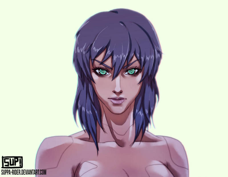 1girl commentary cyberpunk cyborg english_commentary ghost_in_the_shell green_eyes kusanagi_motoko looking_at_viewer mullet purple_hair science_fiction signature simple_background solo suppa-rider upper_body