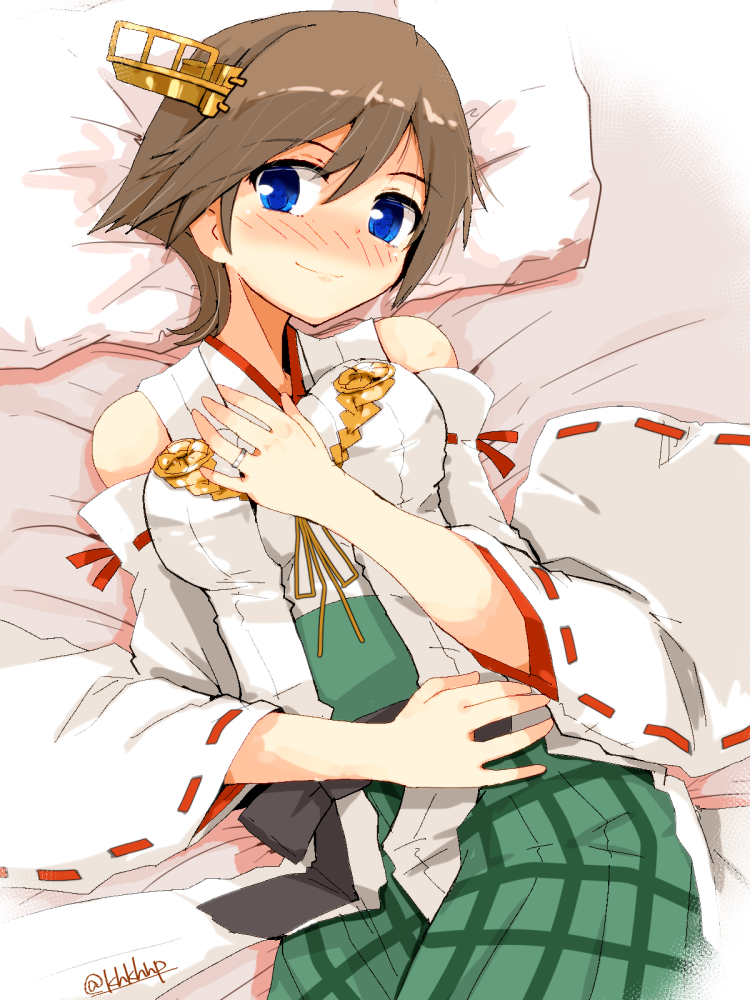 1girl bare_shoulders bed bed_sheet blanket blue_eyes blush breasts brown_hair detached_sleeves eyebrows_visible_through_hair green_skirt hair_between_eyes hairband hand_on_own_chest headgear hiei_(kantai_collection) japanese_clothes jewelry kanoe_soushi kantai_collection looking_at_viewer lying medium_breasts nontraditional_miko on_bed pillow plaid remodel_(kantai_collection) ribbon-trimmed_sleeves ribbon_trim ring short_hair skirt solo wedding_ring