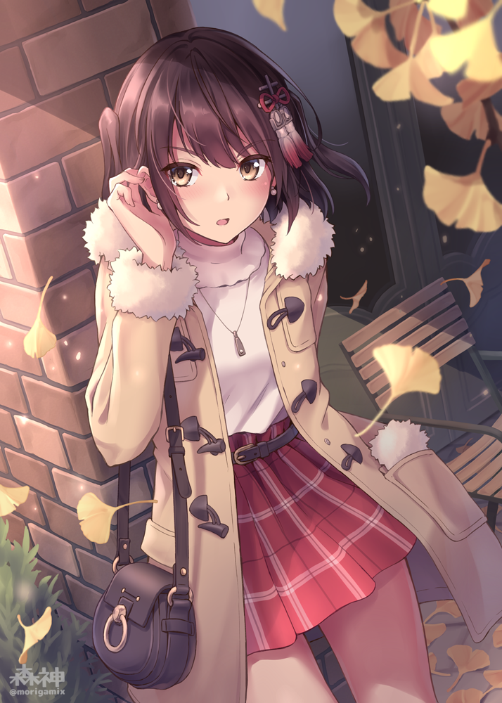 1girl adjusting_hair bag bangs belt blouse blush brown_eyes brown_hair buckle casual chair coat fur-trimmed_coat fur_trim jewelry kantai_collection leaves_in_wind looking_at_viewer morigami_(morigami_no_yashiro) necklace open_clothes open_coat open_mouth outdoors plaid plaid_skirt red_skirt remodel_(kantai_collection) sendai_(kantai_collection) short_hair skirt smile solo twitter_username two_side_up white_blouse