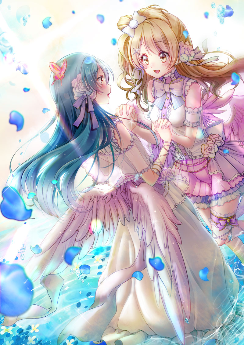 2girls angel_wings bangs blue_hair blush butterfly_hair_ornament flower frills grey_hair hair_between_eyes hair_flower hair_ornament hand_holding interlocked_fingers long_hair looking_at_another love_live! love_live!_school_idol_festival love_live!_school_idol_project maronie. minami_kotori multiple_girls one_side_up open_mouth petals sleeveless smile sonoda_umi standing standing_on_liquid water wings yellow_eyes