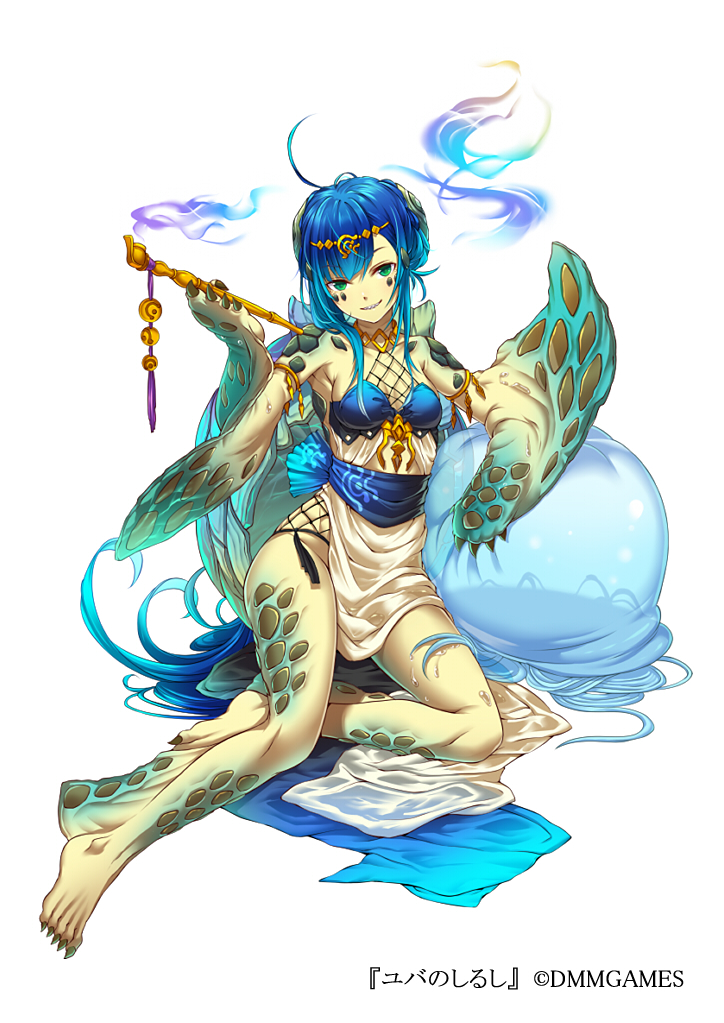 1girl ahoge bare_shoulders blue_hair breasts claws dmm full_body green_eyes hair_ornament jellyfish kiseru looking_at_viewer mataichi_mataro monster_girl official_art pipe sharp_teeth shell simple_background small_breasts smile smoking teeth white_background yuba_no_shirushi