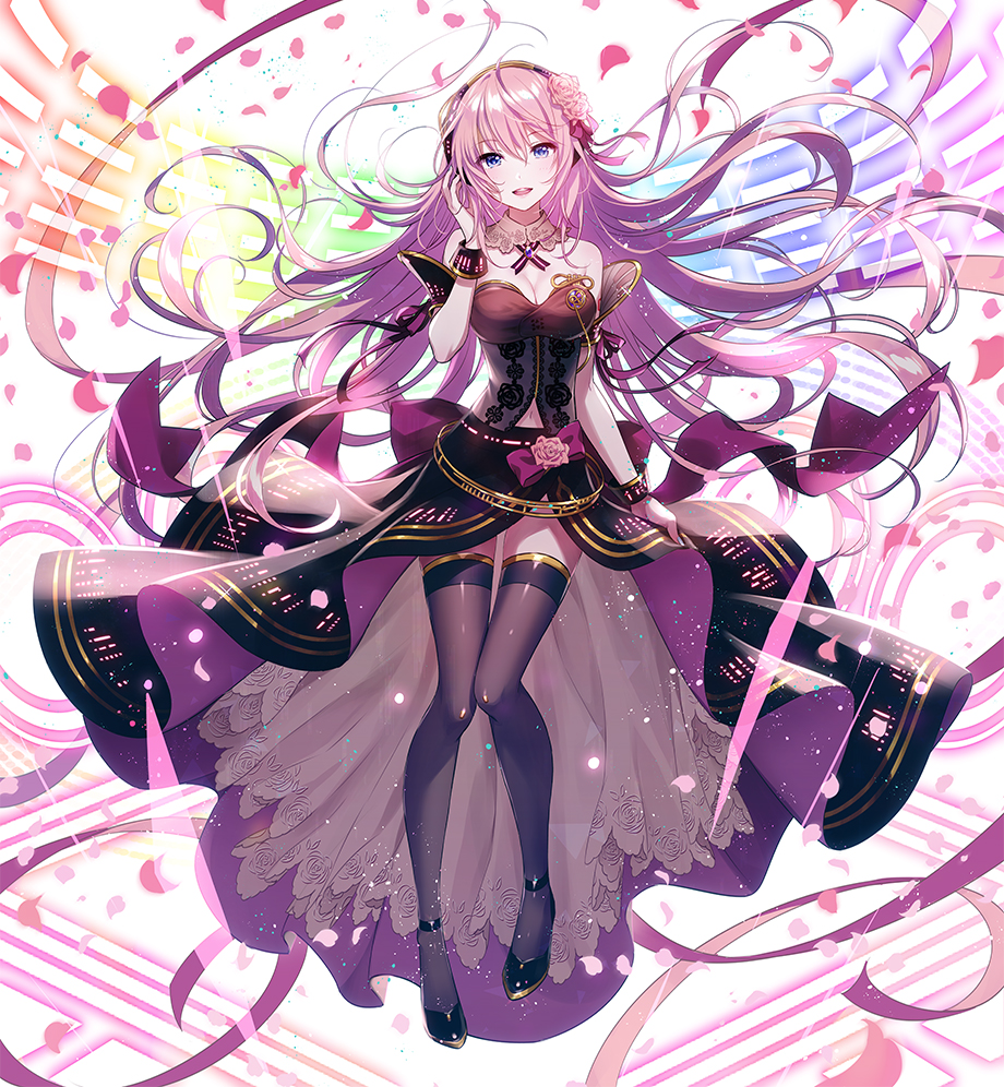 1girl artist_request bangs black_legwear breasts cleavage detached_collar dress eyebrows_visible_through_hair full_body hair_ornament headphones high_heels long_hair looking_at_viewer medium_breasts megurine_luka navel official_art open_mouth petals pink_hair shiny shiny_clothes shiny_hair simple_background smile solo strapless strapless_dress thigh-highs vocaloid
