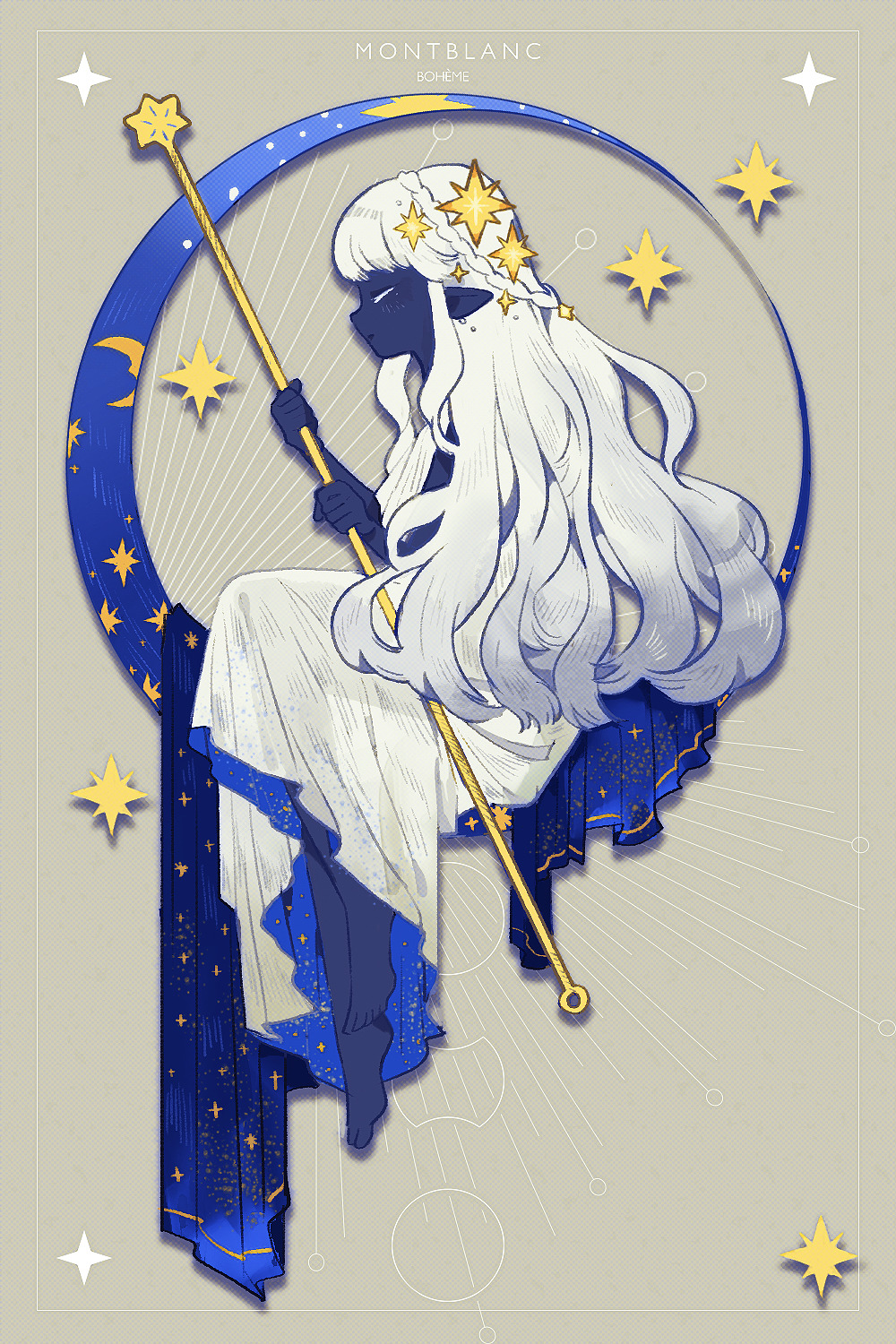 1girl barefoot black_skin closed_eyes crescent_moon dress french from_side full_body hair_ornament highres legs_crossed long_dress long_hair moon original pointy_ears rye-beer simple_background solo staff star star_hair_ornament toes white_dress