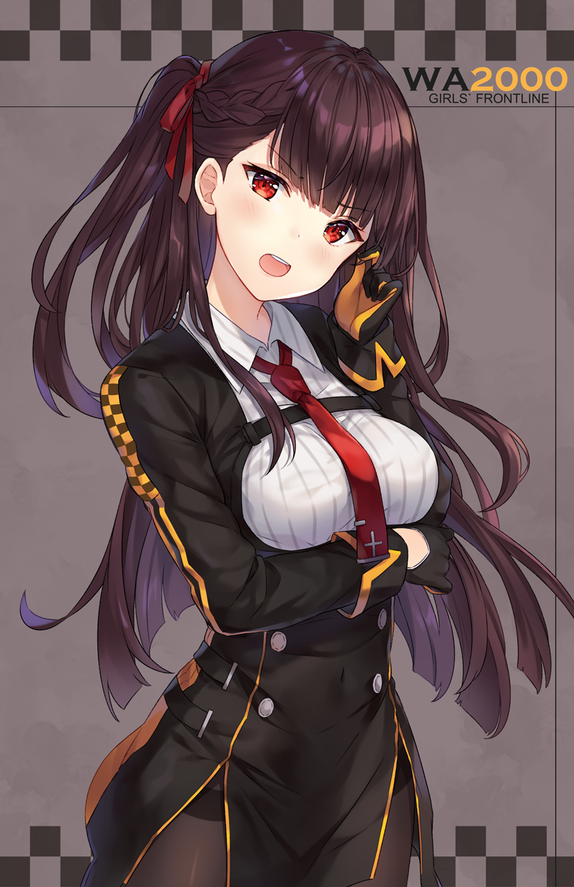 1girl arm_under_breasts bangs black_dress black_gloves blush bow braid breast_hold breasts brown_hair brown_legwear character_name collared_shirt commentary copyright_name dress english_commentary eyebrows_visible_through_hair framed_breasts girls_frontline gloves hair_bow head_tilt highres hitsukuya long_hair long_sleeves medium_breasts one_side_up open_mouth pantyhose red_bow red_eyes red_neckwear shirt sleeves_past_wrists solo striped striped_shirt thighband_pantyhose upper_teeth vertical-striped_shirt vertical_stripes very_long_hair wa2000_(girls_frontline) white_shirt