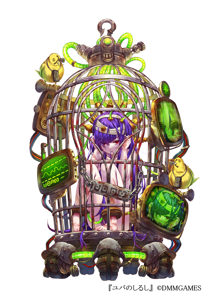 1girl blood cage dmm full_body hands_up knees_up long_hair mataichi_mataro mouth_hold official_art pale_skin purple_hair red_eyes restrained scar simple_background sitting television tube white_background yuba_no_shirushi