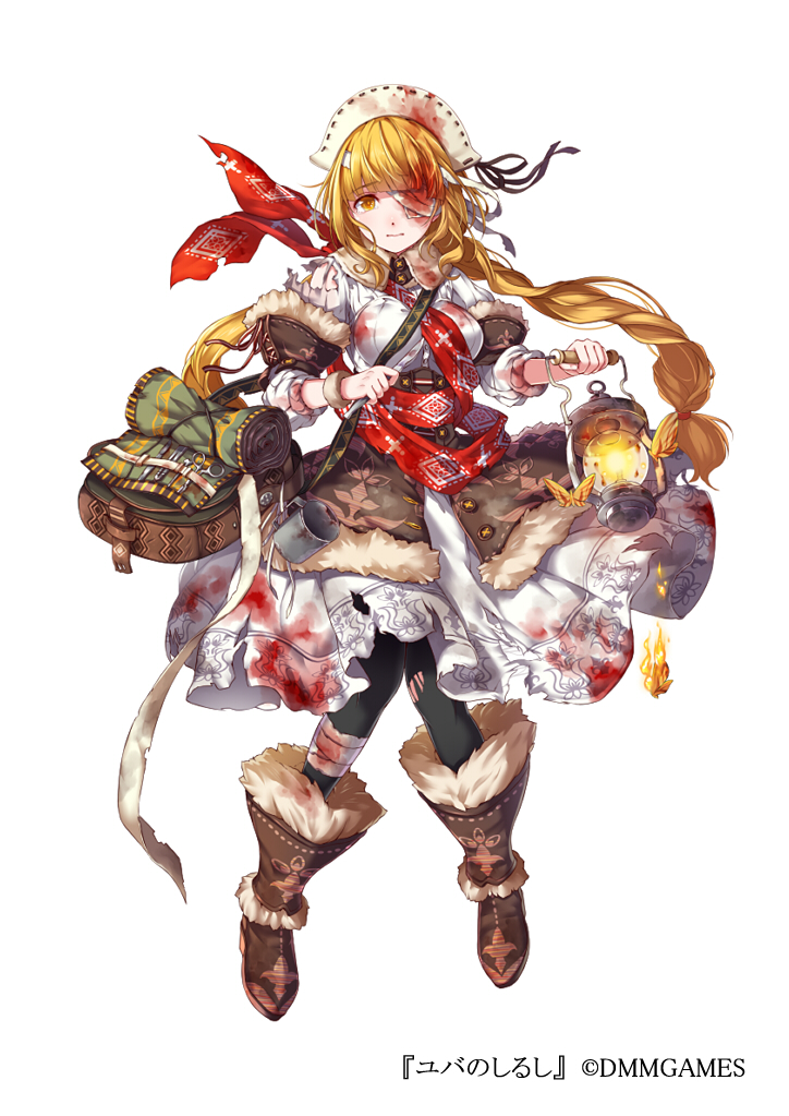 1girl black_legwear blonde_hair blood blood_on_face bloody_clothes boots brown_footwear brown_skirt cup dmm dress eyepatch file full_body fur_trim hat holding holding_weapon lantern long_hair mataichi_mataro mug official_art scalpel scissors simple_background skirt torn_clothes torn_legwear twintails very_long_hair weapon white_background white_dress white_hat yellow_eyes yuba_no_shirushi