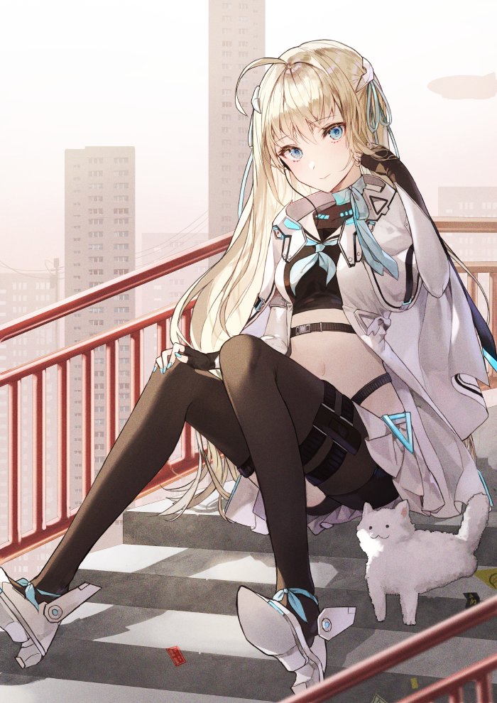 1girl ahoge black_gloves black_legwear black_shorts blonde_hair blue_eyes blue_nails crop_top eyebrows_visible_through_hair fingerless_gloves gloves hair_between_eyes holster iron_saga kim_eb long_hair midriff nail_polish navel pantyhose pantyhose_under_shorts short_shorts shorts sitting smile solo stomach thigh_holster very_long_hair white_cloak