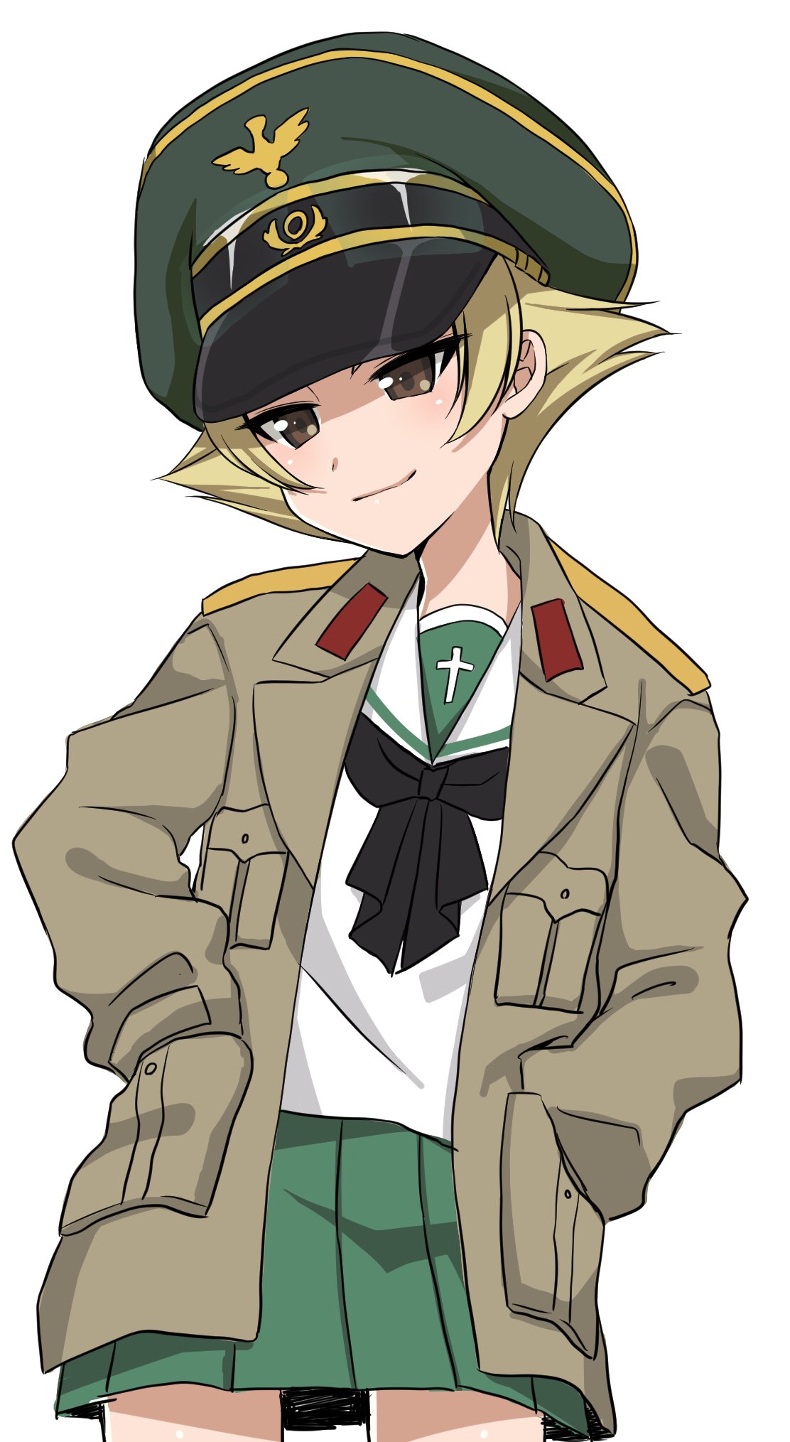 1girl black_bow blonde_hair bow brown_eyes brown_jacket closed_mouth commentary cowboy_shot erwin_(girls_und_panzer) girls_und_panzer goggles goggles_on_headwear green_hat hands_in_pockets hat head_tilt highres jacket long_hair long_sleeves looking_at_viewer military_hat military_jacket ooarai_school_uniform open_clothes open_jacket peaked_cap pointy_hair ruruepa short_hair simple_background smile solo standing white_background